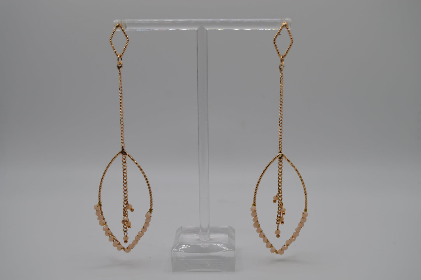Geometric Gold Dangle Earrings – Peach Bead Accents
