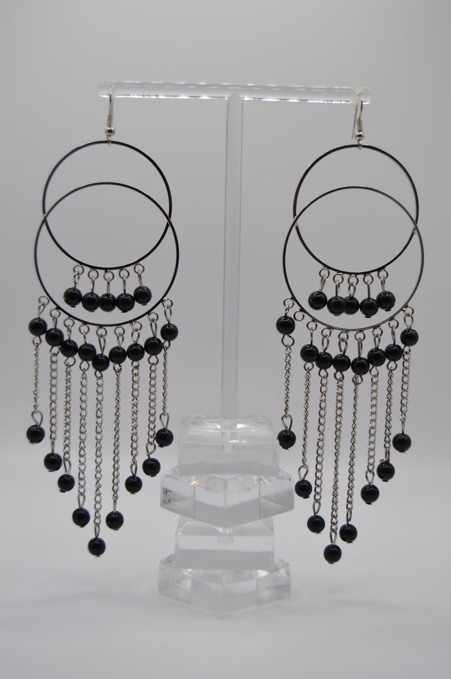 Boho Black Hoop Earrings – Cascading Bead Accents
