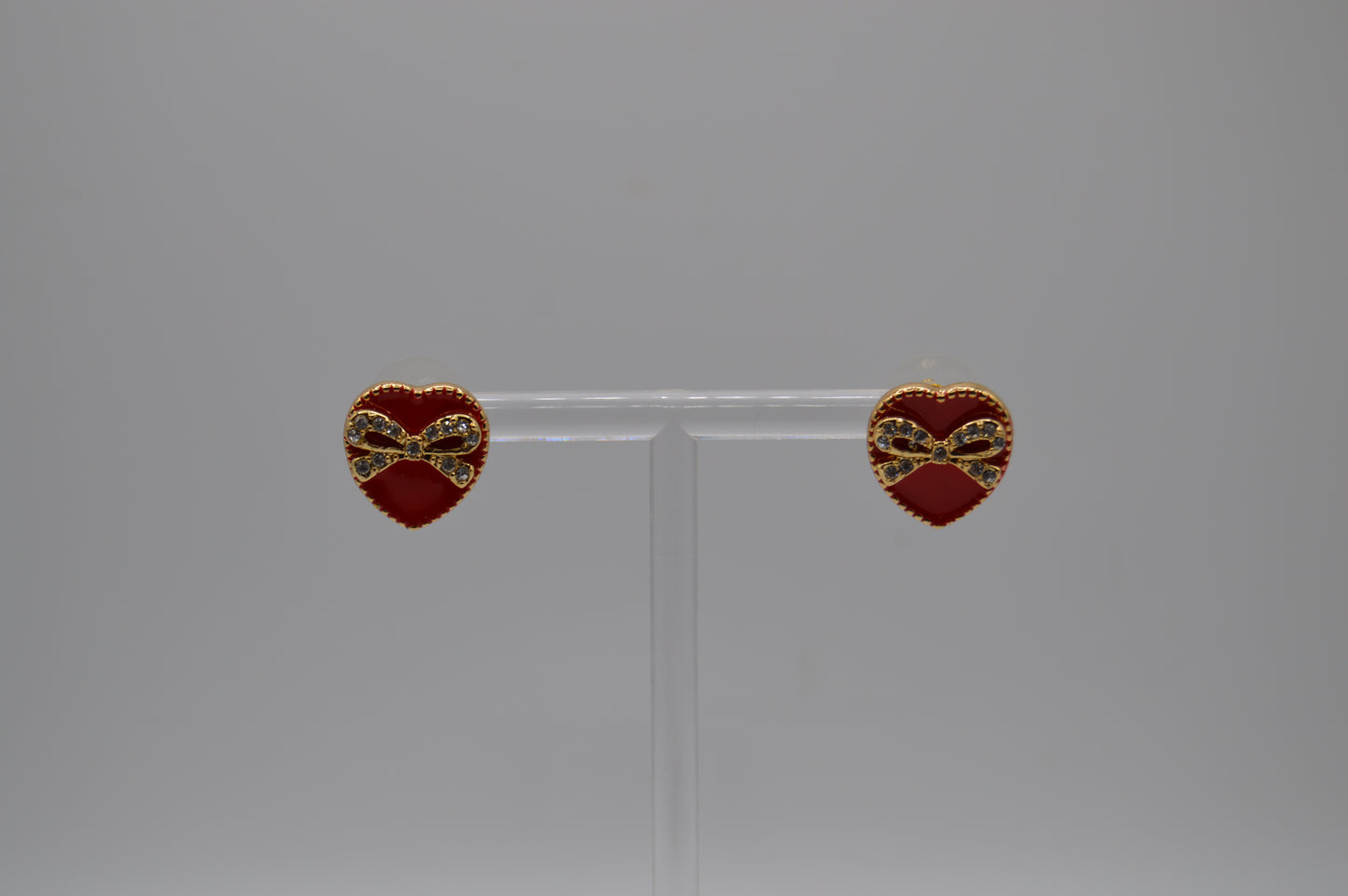 Red Heart Earrings with Gold Trim & Bow Detail