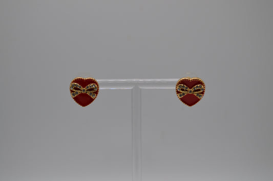 Red Heart Earrings with Gold Trim & Bow Detail