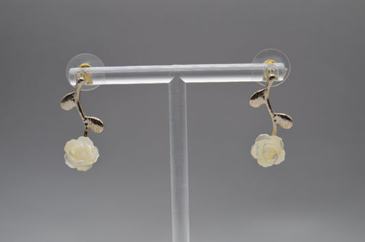 White Rose Drop Earrings – Leaf Stem Design