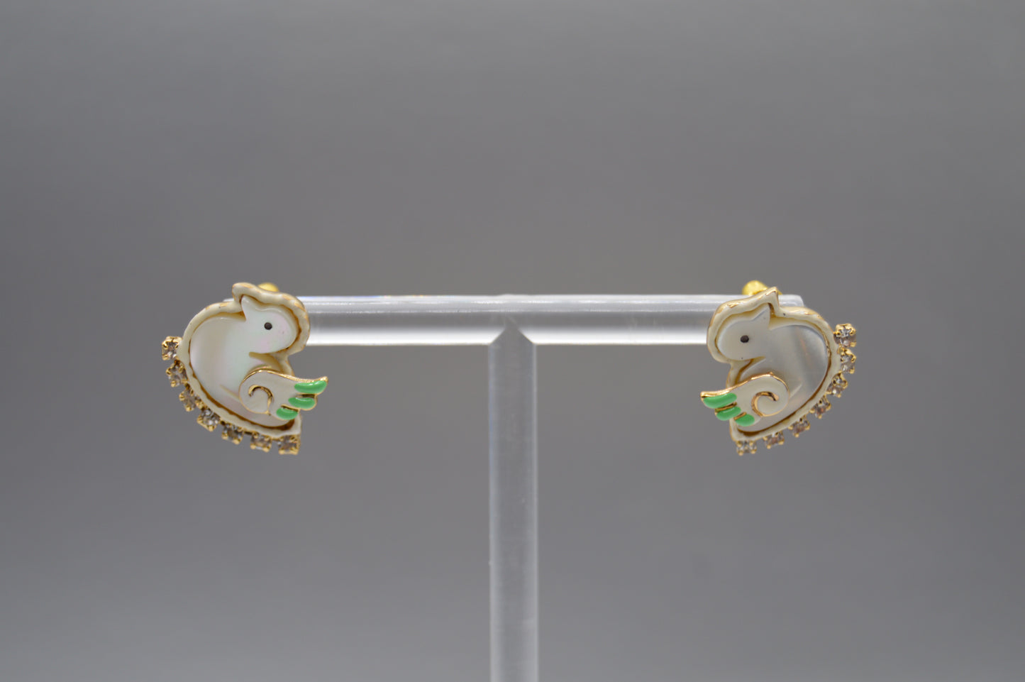 White & Gold Bird Earrings – Green Accent Detail