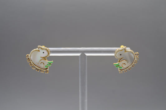 White & Gold Bird Earrings – Green Accent Detail