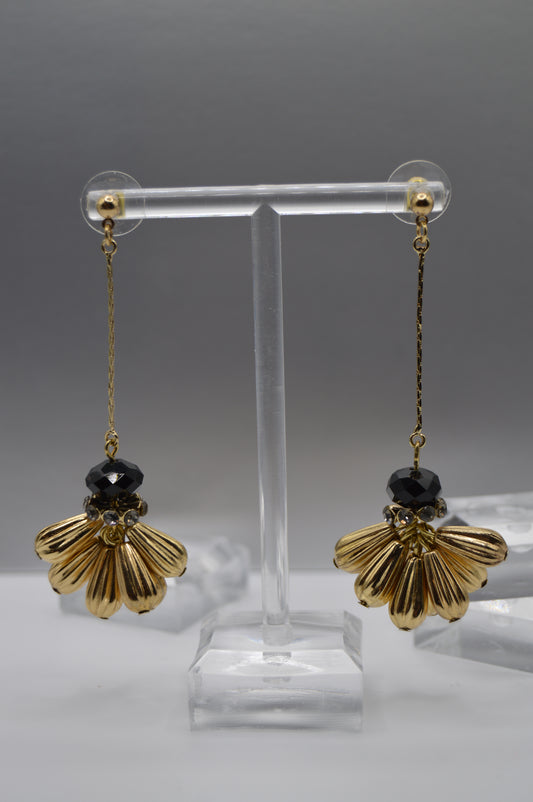 Gold Petal Drop Earrings – Black Bead Accent