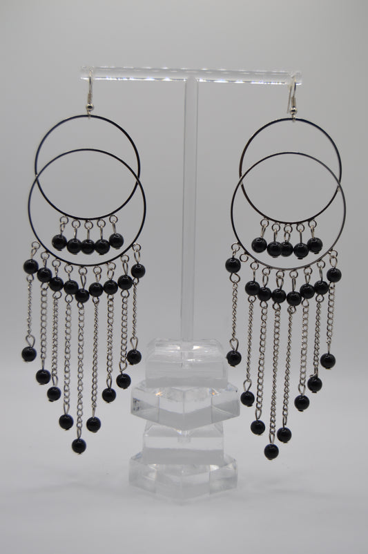 Boho Black Hoop Earrings – Cascading Bead Accents