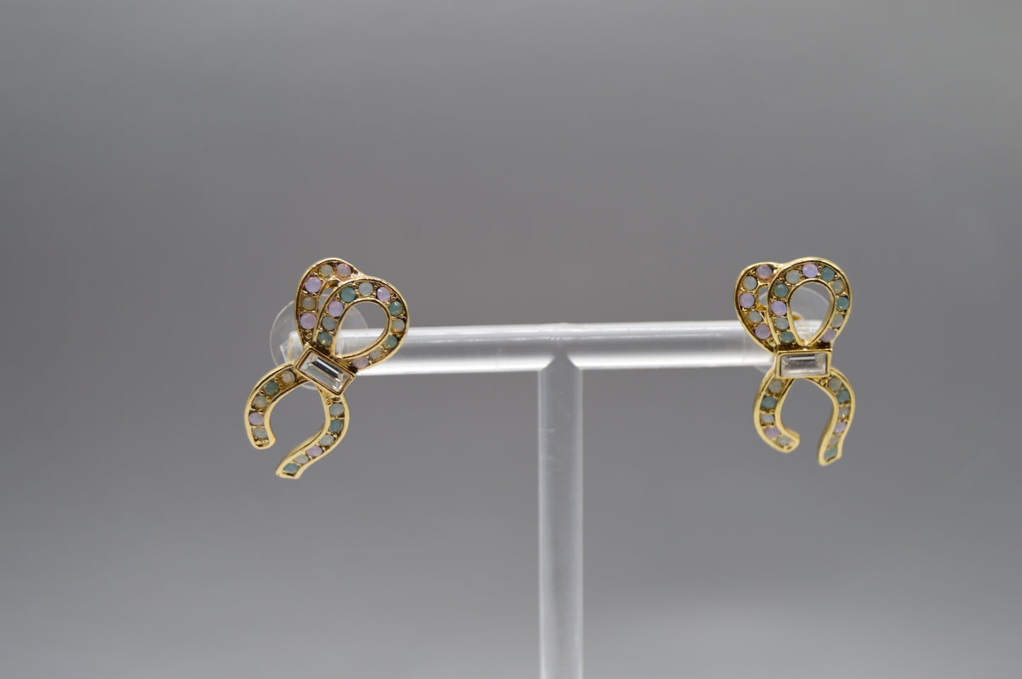 Pastel Bow Earrings – Gold Ribbon with Gem Accents